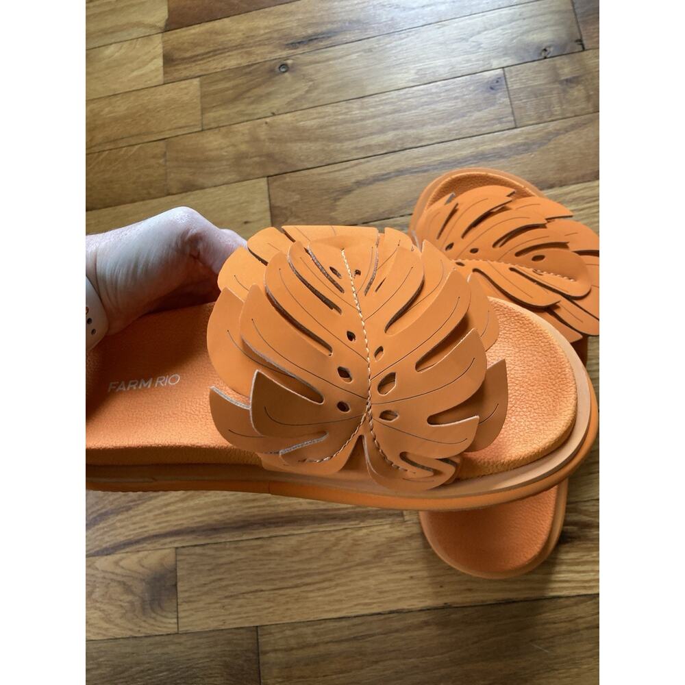 FARM Rio Sandals Womens 10 Orange Slides Monstera Anatomic Leaf Adjust Strap - Picture 5 of 9